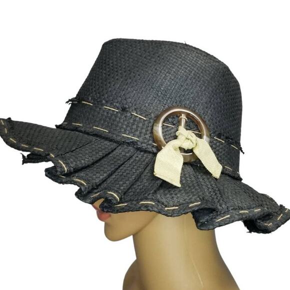 MAGID HATS Pleated Paper Fedora Straw Black Hat Band Seam Detail Size 8 1/2 - Picture 2 of 4